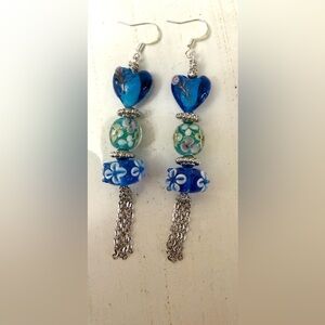 Handmade Blue Glass Heart & Floral Drop Earrings